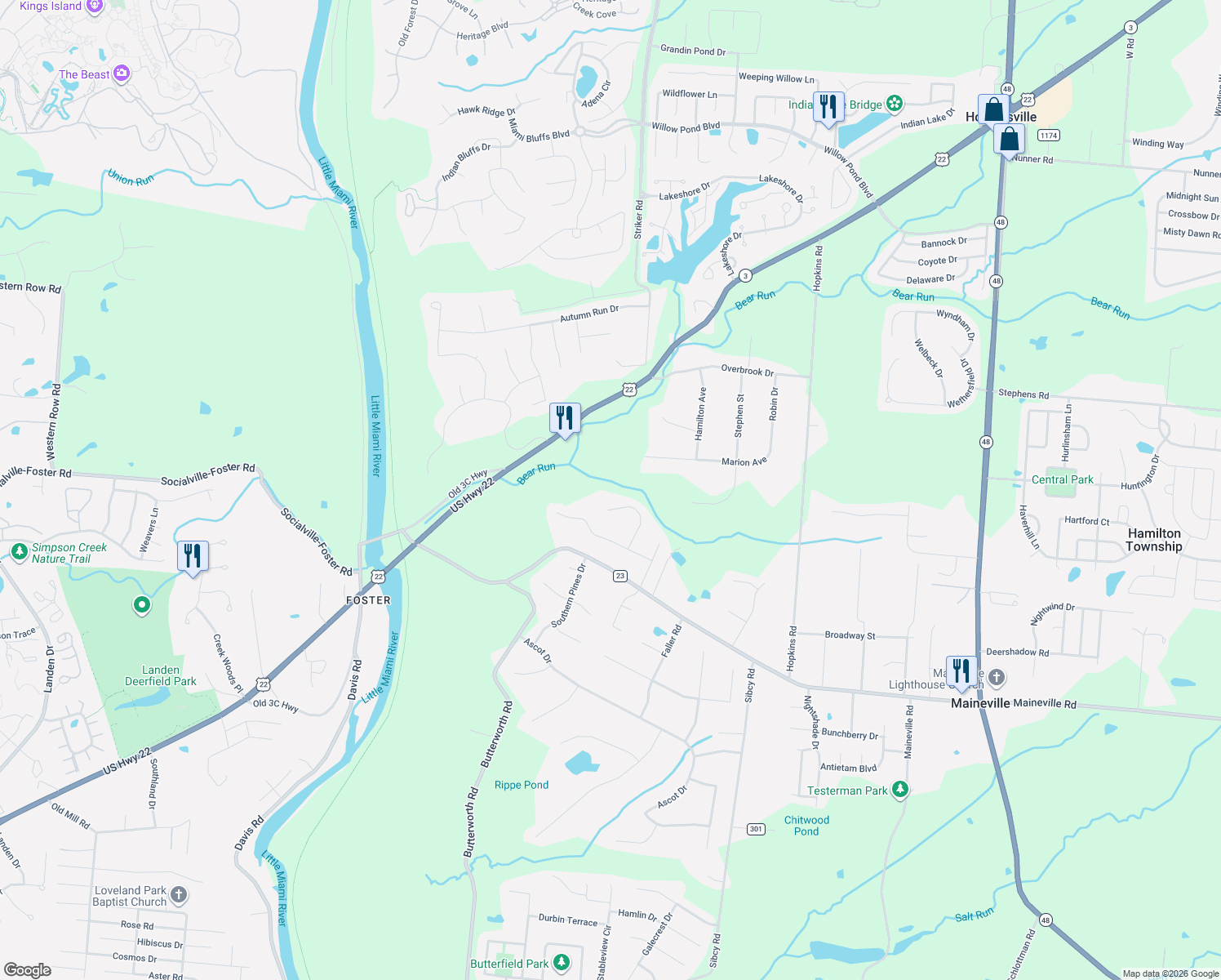 map of restaurants, bars, coffee shops, grocery stores, and more near 1286 Chaucer Place in Maineville