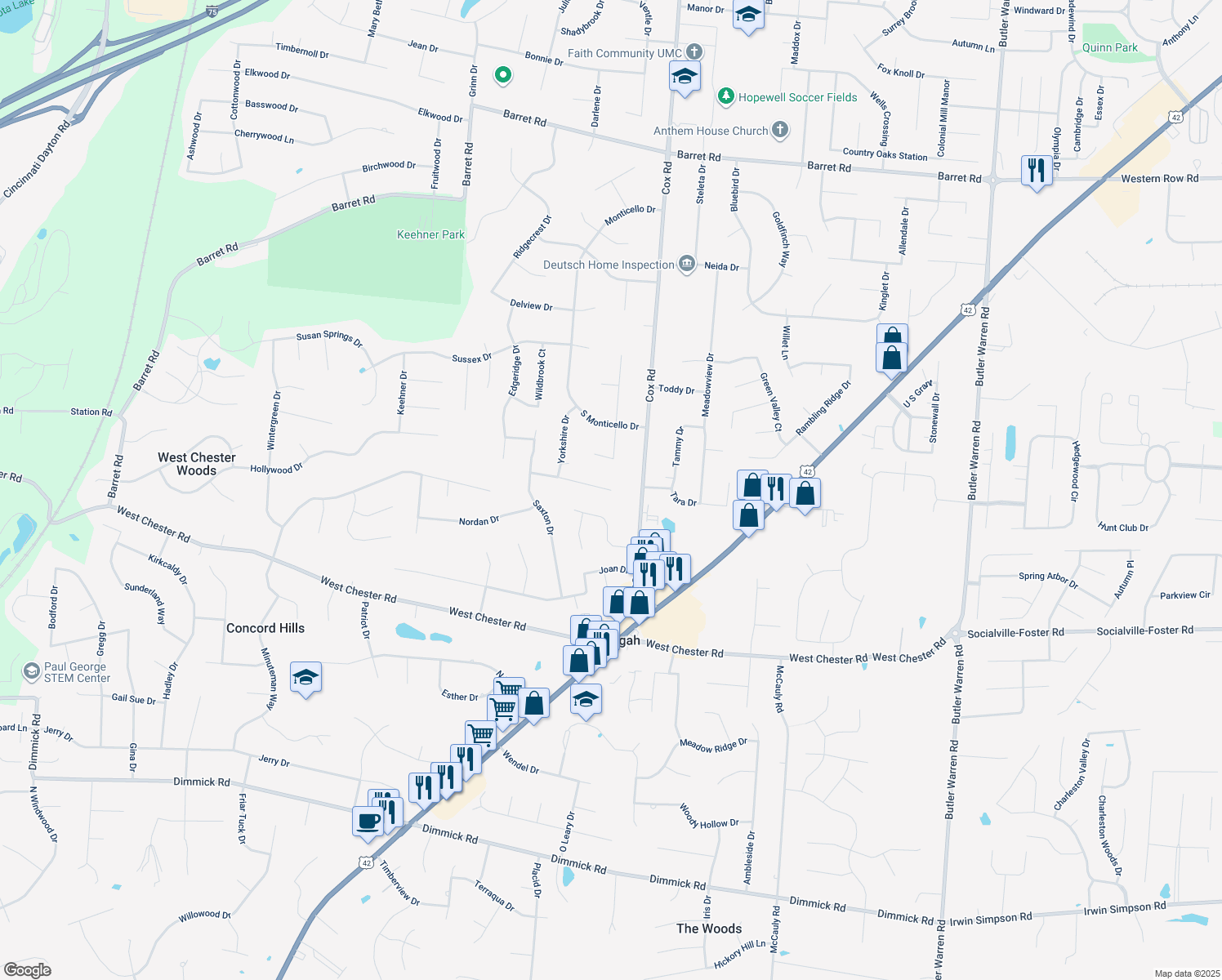 map of restaurants, bars, coffee shops, grocery stores, and more near 7755 Parktown Drive in Butler County