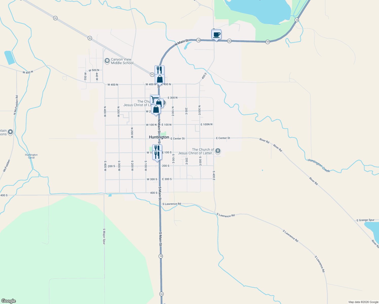 map of restaurants, bars, coffee shops, grocery stores, and more near 220 East 100 South in Huntington