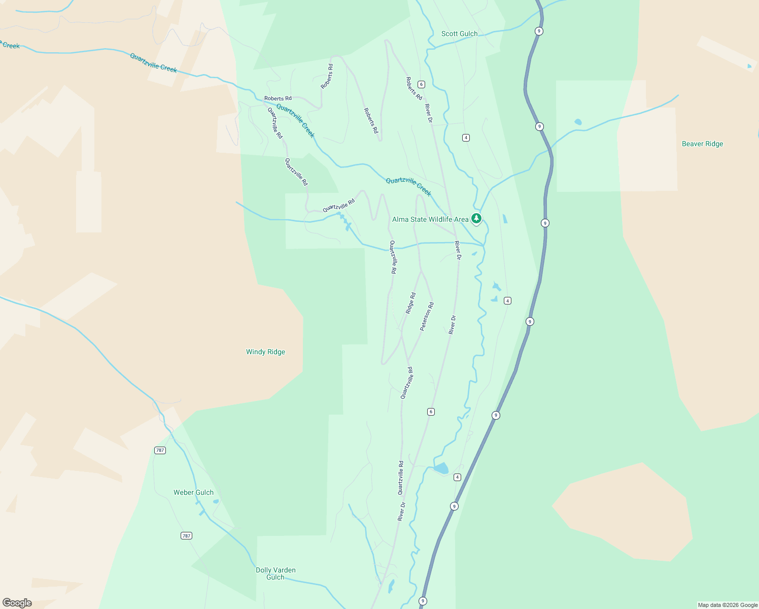 map of restaurants, bars, coffee shops, grocery stores, and more near 1191 Quartzville Road in Alma