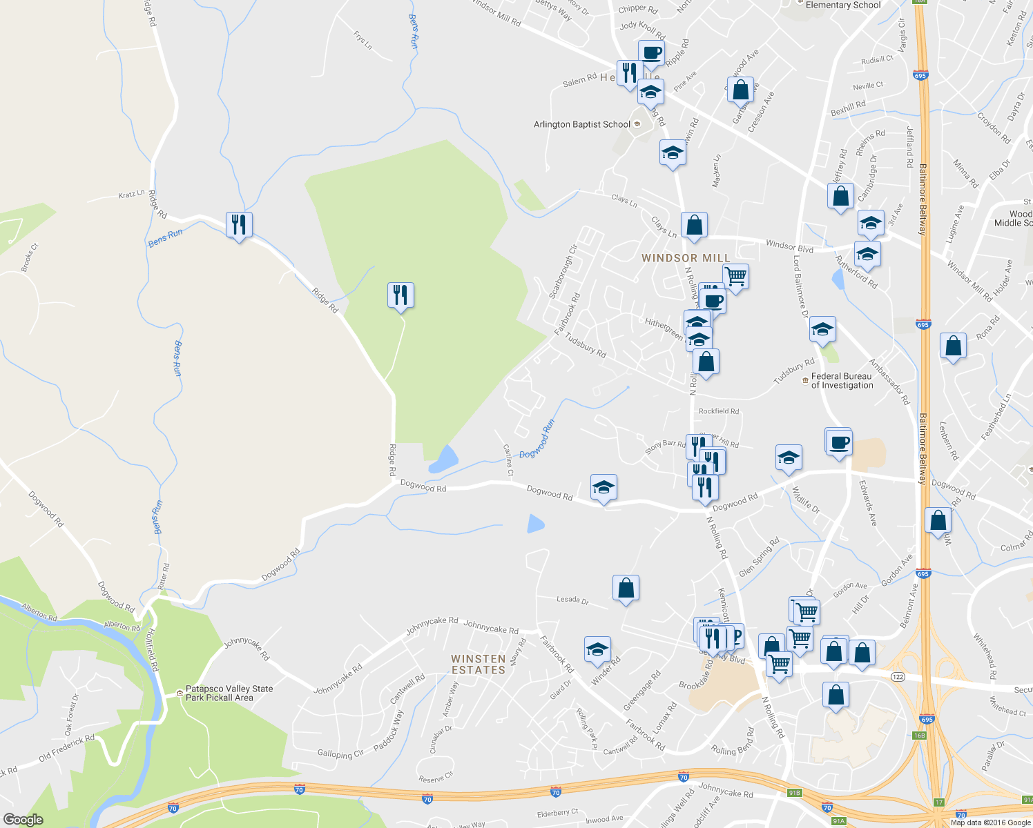 map of restaurants, bars, coffee shops, grocery stores, and more near 7414 Brixworth Court in Milford Mill