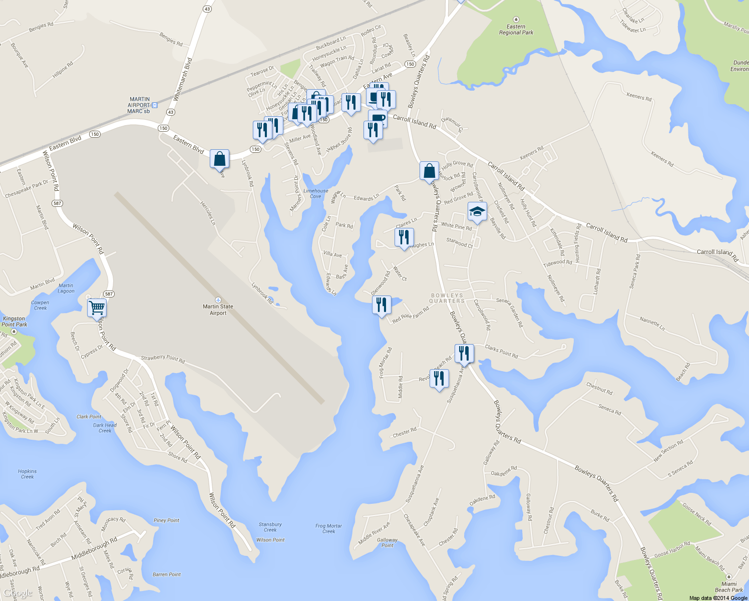 map of restaurants, bars, coffee shops, grocery stores, and more near 3501 Glenwood Road in Middle River