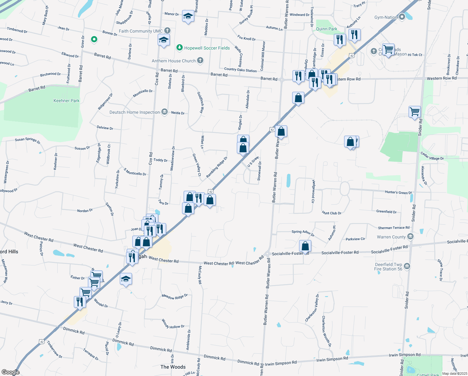 map of restaurants, bars, coffee shops, grocery stores, and more near 8225 Taffy Drive in Butler County