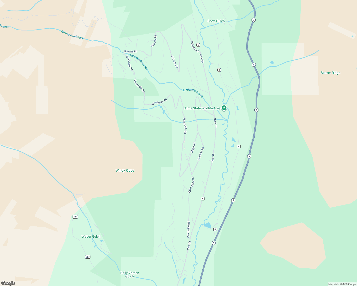 map of restaurants, bars, coffee shops, grocery stores, and more near 1191 Quartzville Road in Alma