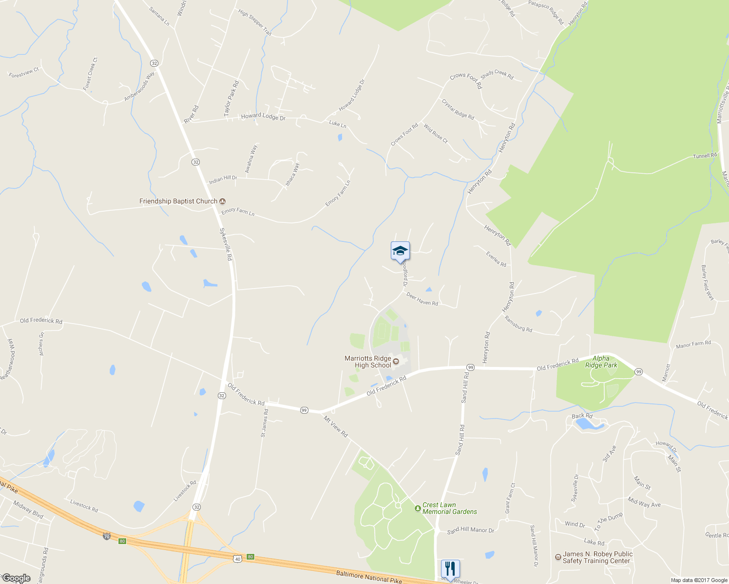 map of restaurants, bars, coffee shops, grocery stores, and more near 12124 Serenity Lane in Marriottsville