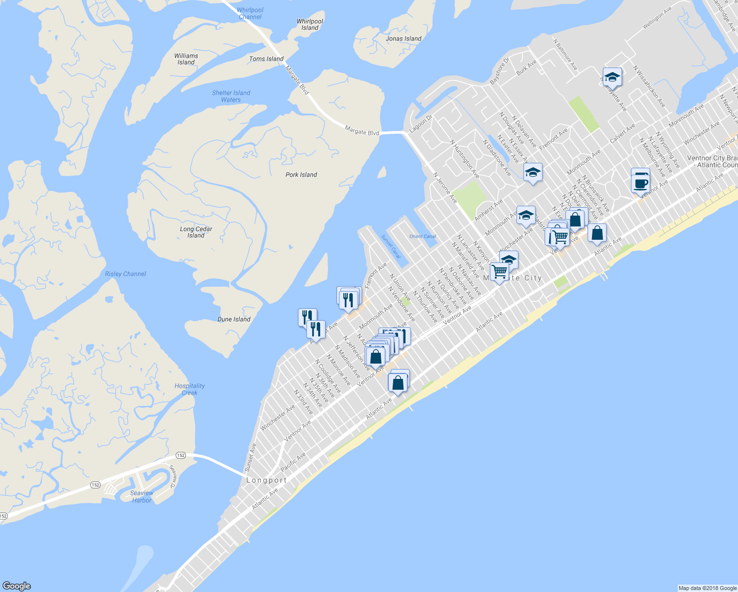 map of restaurants, bars, coffee shops, grocery stores, and more near 9105 Amherst Avenue in Margate City