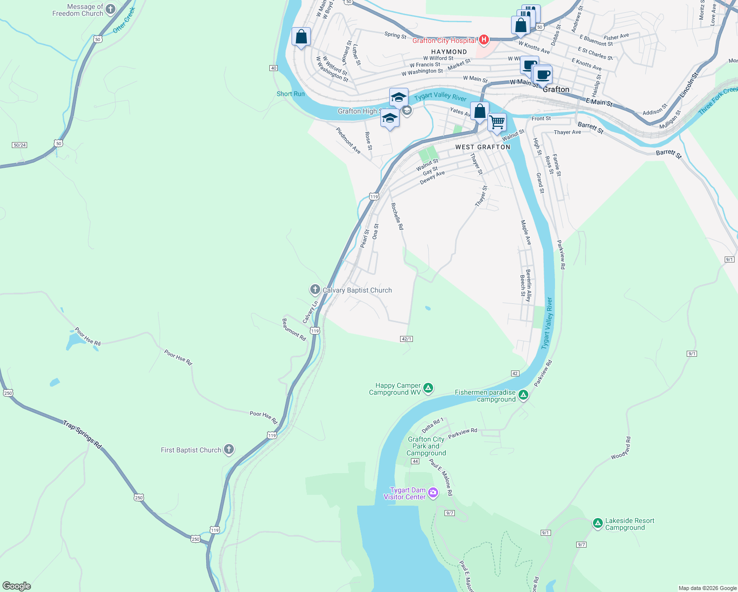 map of restaurants, bars, coffee shops, grocery stores, and more near 907 Percy Street in Grafton