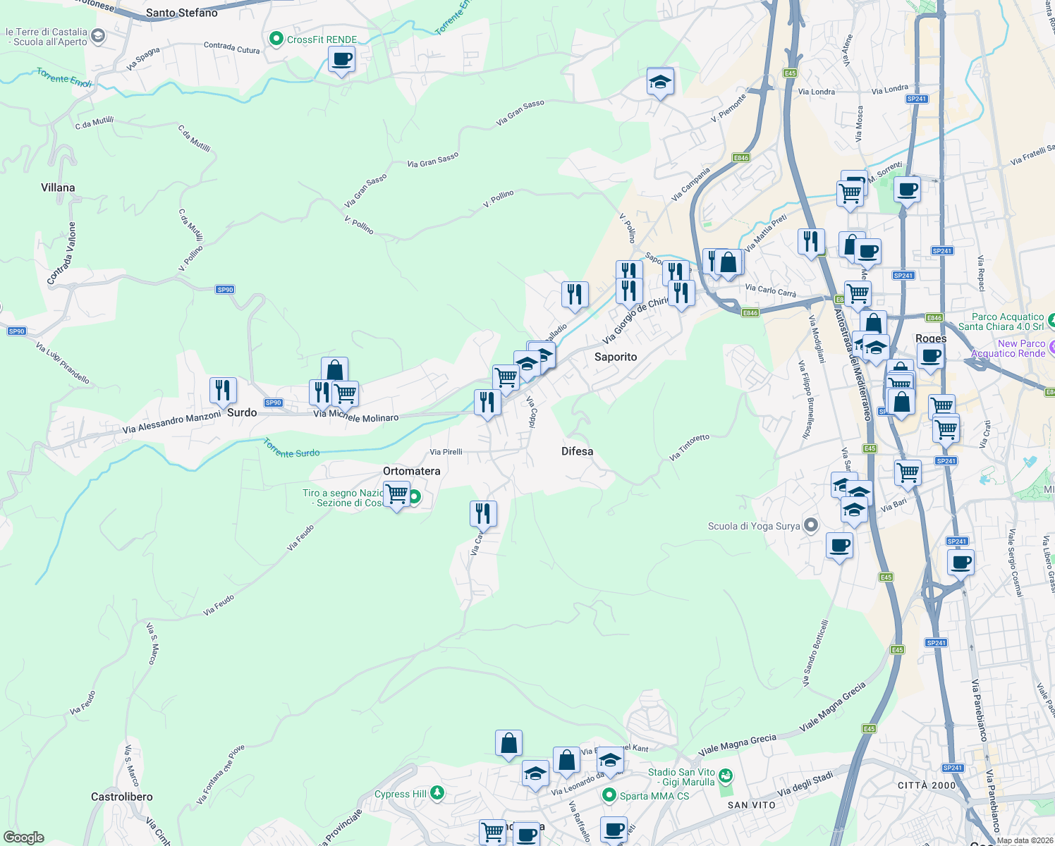 map of restaurants, bars, coffee shops, grocery stores, and more near 25 Via Coppi in Provincia di Cosenza