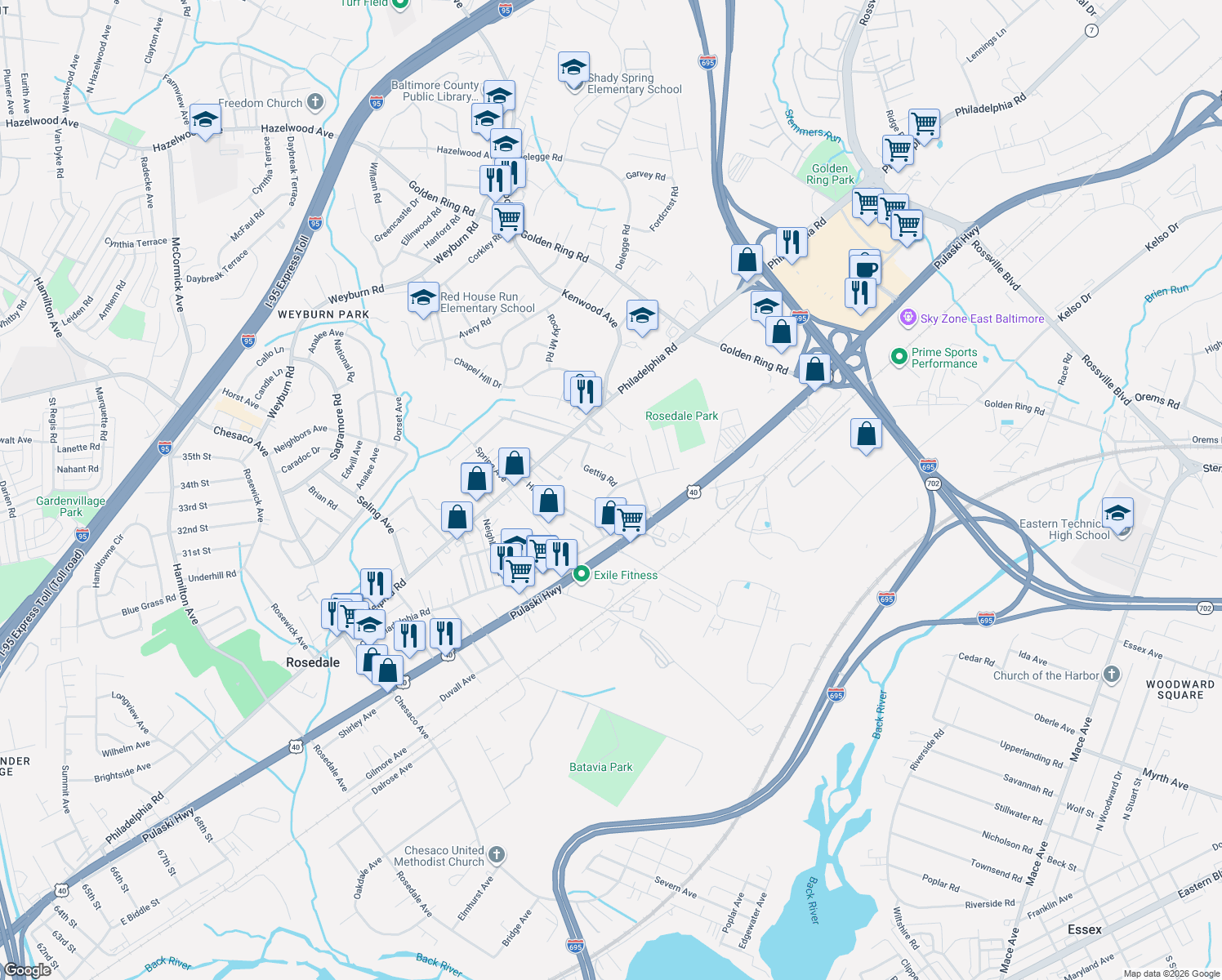 map of restaurants, bars, coffee shops, grocery stores, and more near 8306 Berkfield Road in Rosedale