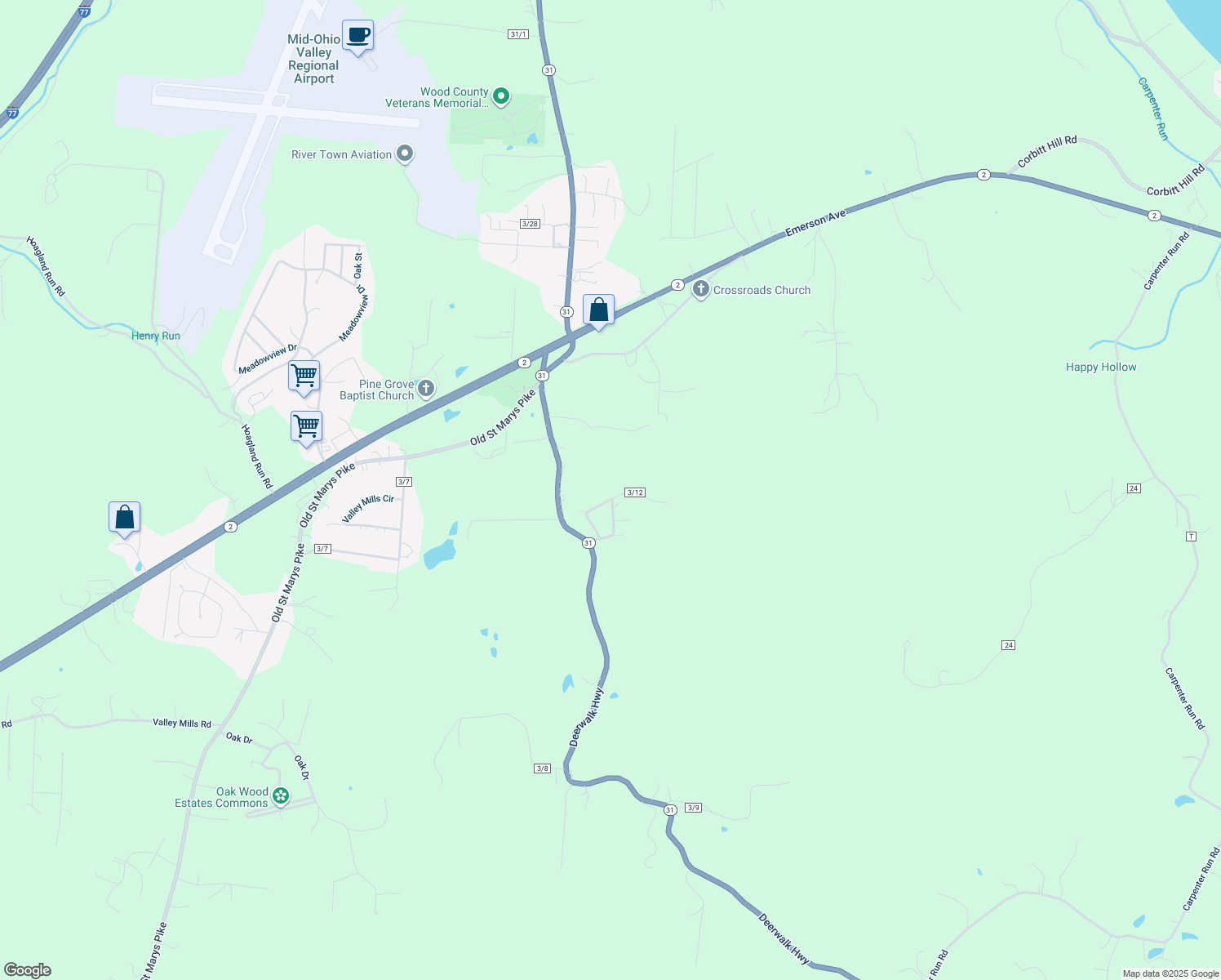 map of restaurants, bars, coffee shops, grocery stores, and more near 317 Crest Dr in Waverly