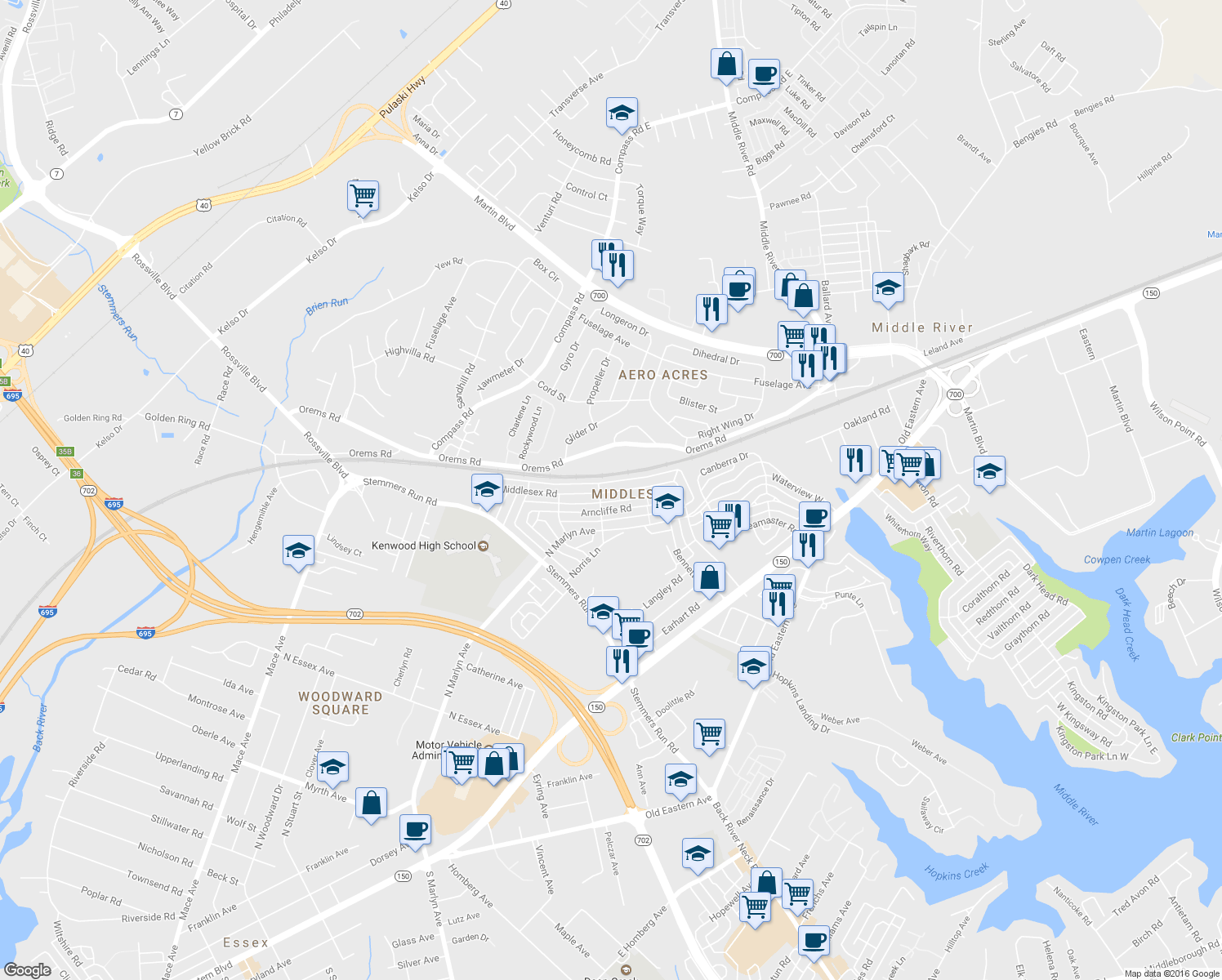 map of restaurants, bars, coffee shops, grocery stores, and more near 932 Middlesex Road in Essex