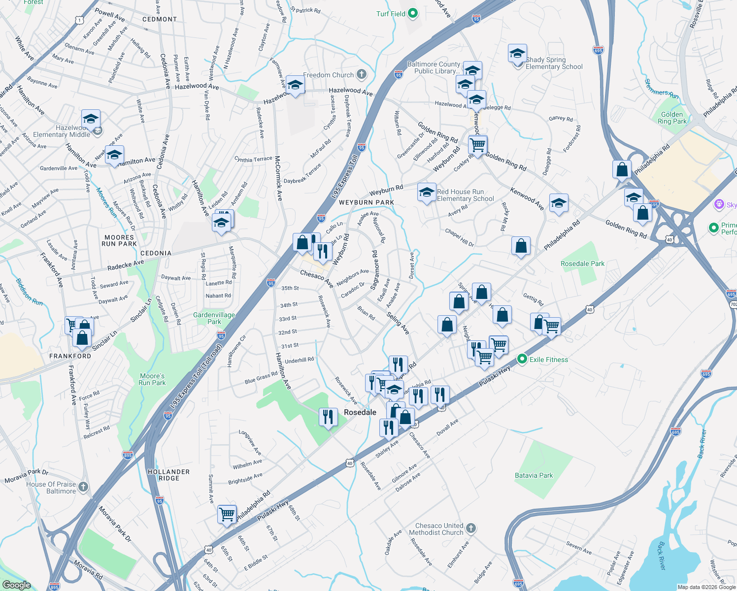 map of restaurants, bars, coffee shops, grocery stores, and more near 8023 Caradoc Drive in Rosedale