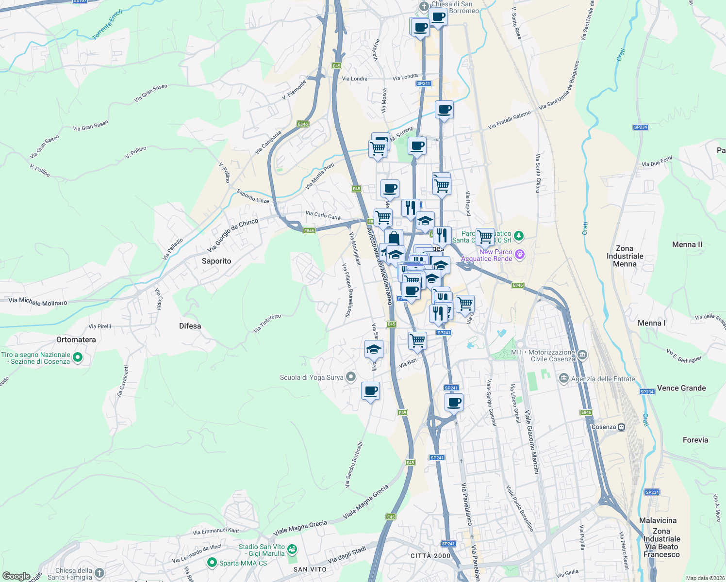 map of restaurants, bars, coffee shops, grocery stores, and more near 59 Via Modigliani in Quattromiglia