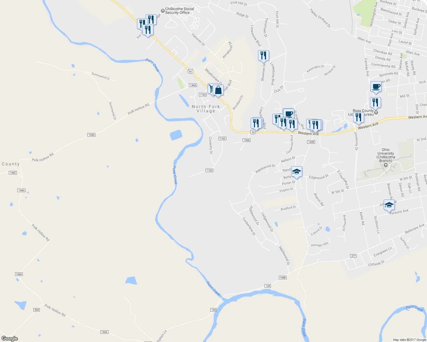map of restaurants, bars, coffee shops, grocery stores, and more near 101 Page Road in Chillicothe