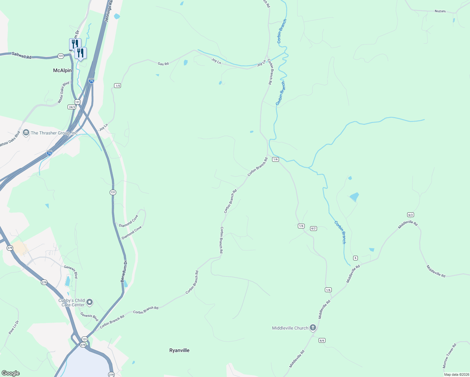 map of restaurants, bars, coffee shops, grocery stores, and more near 1697 Corbin Branch Road in Bridgeport