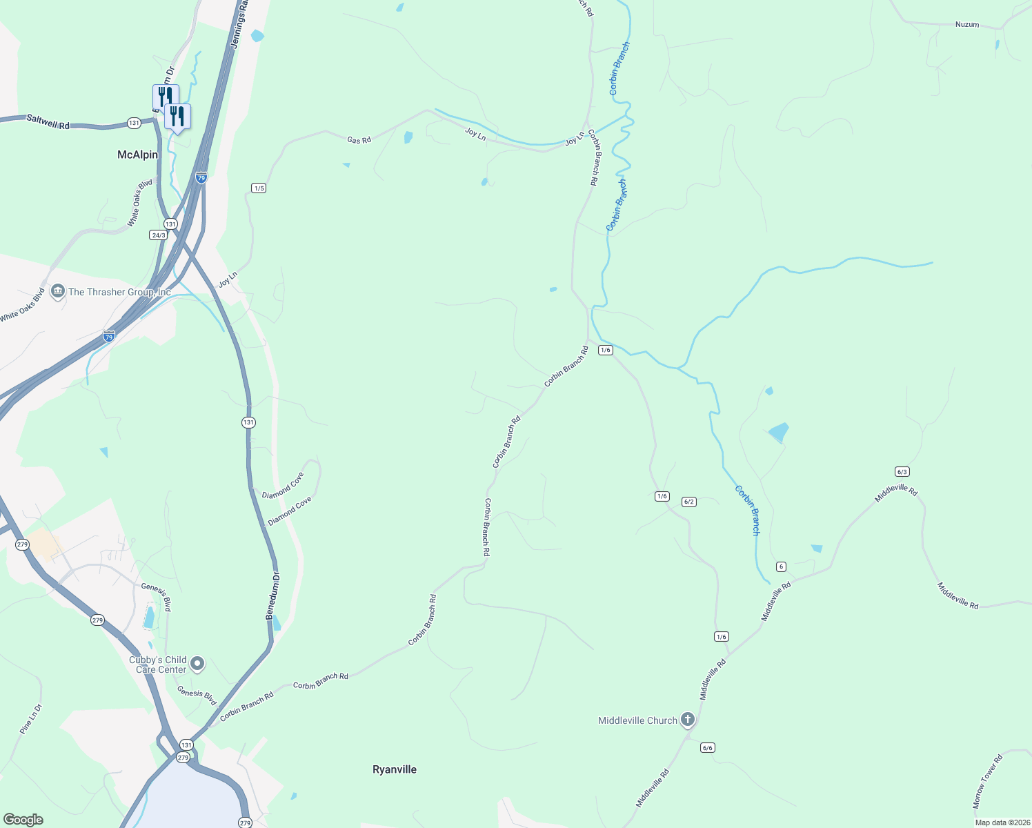 map of restaurants, bars, coffee shops, grocery stores, and more near 1697 Corbin Branch Road in Bridgeport