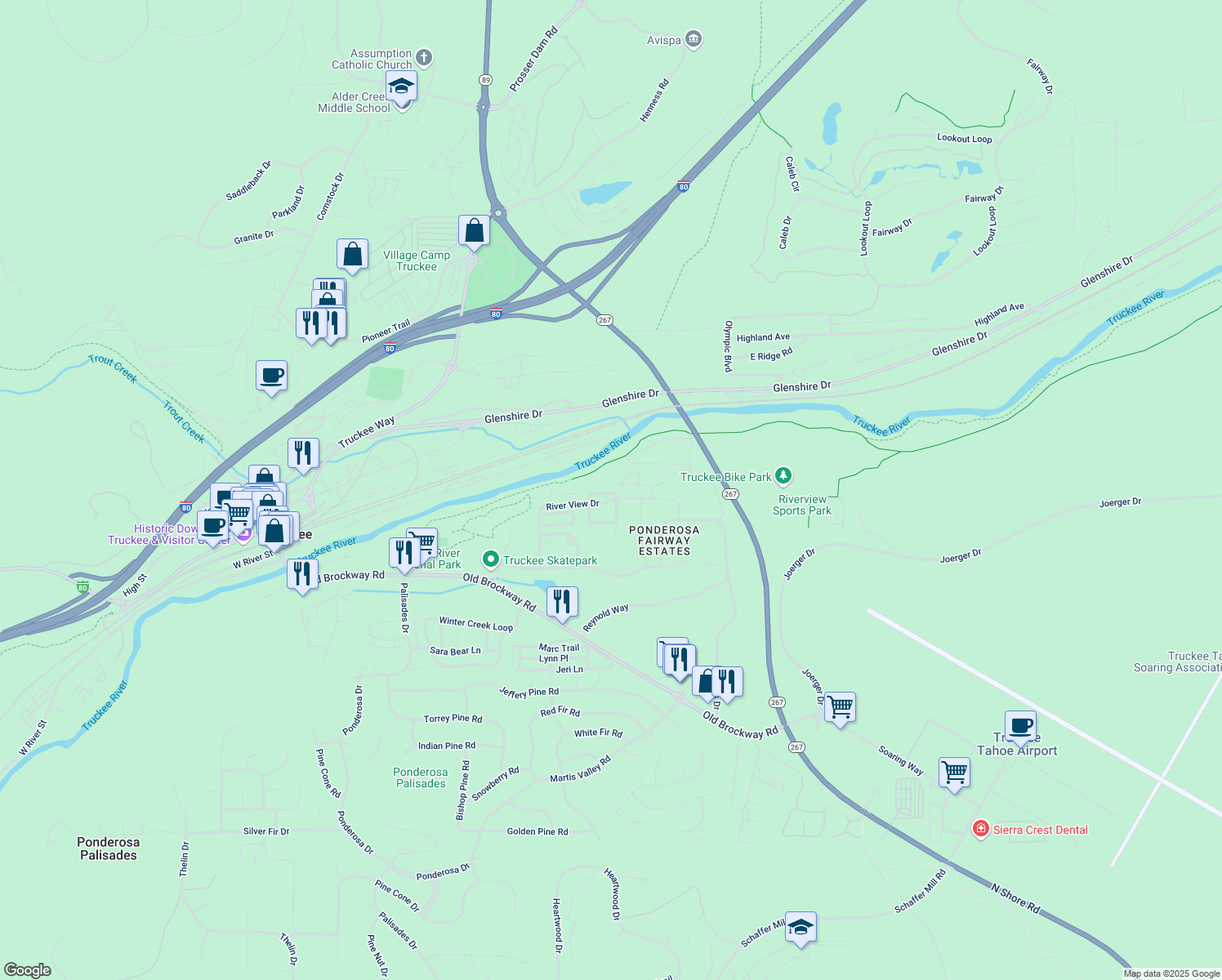 map of restaurants, bars, coffee shops, grocery stores, and more near 10986 River Loop in Truckee