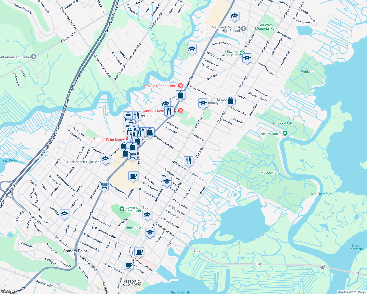 map of restaurants, bars, coffee shops, grocery stores, and more near 2306 Wabash Avenue in Linwood