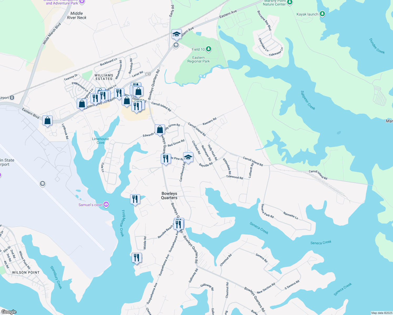 map of restaurants, bars, coffee shops, grocery stores, and more near 3816 Bayville Road in Middle River
