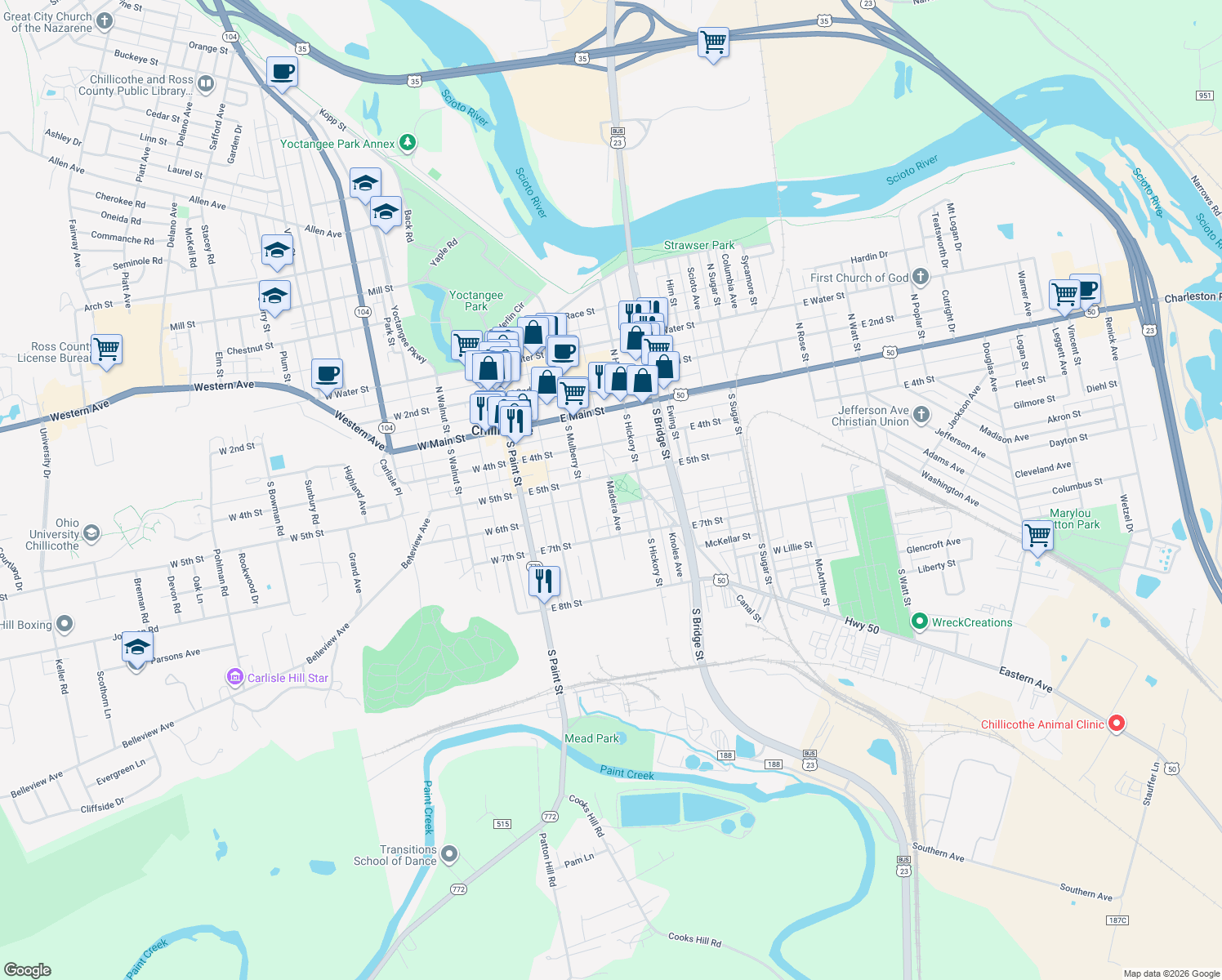 map of restaurants, bars, coffee shops, grocery stores, and more near 162 Madeira Avenue in Chillicothe