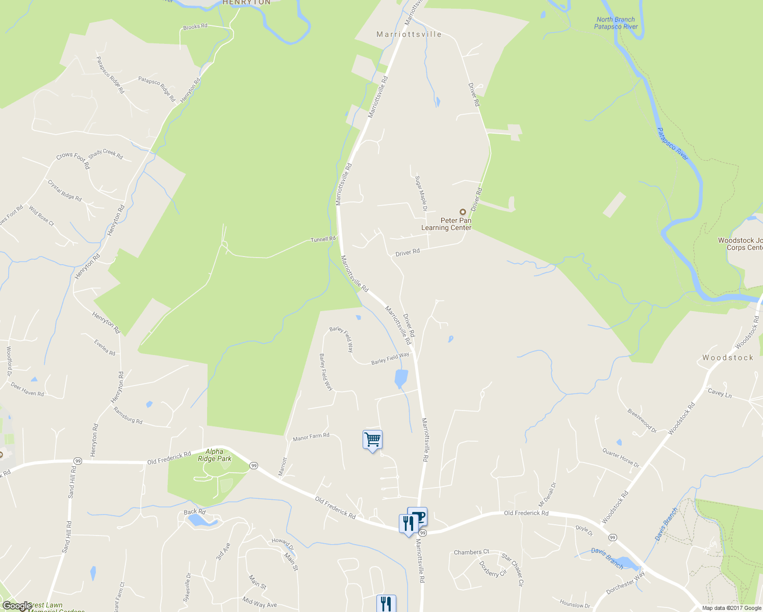 map of restaurants, bars, coffee shops, grocery stores, and more near 1420 Marriottsville Road in Marriottsville