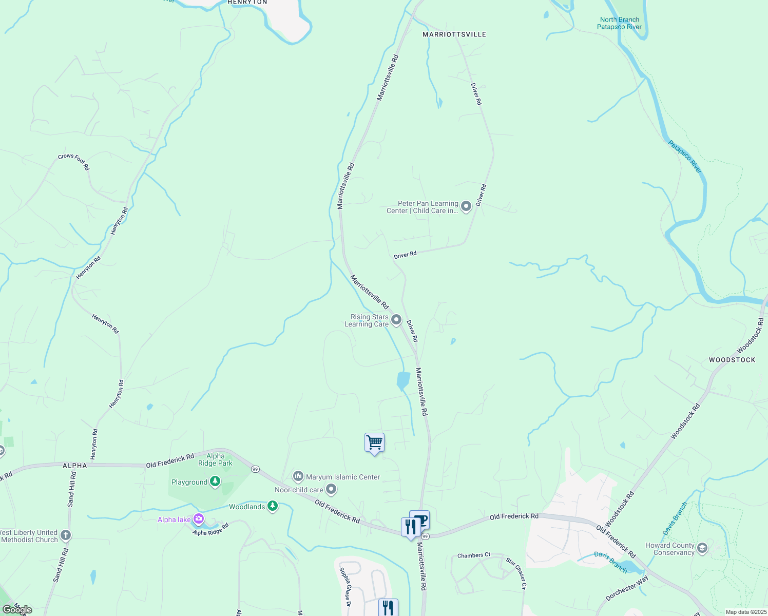 map of restaurants, bars, coffee shops, grocery stores, and more near 1420 Marriottsville Road in Marriottsville