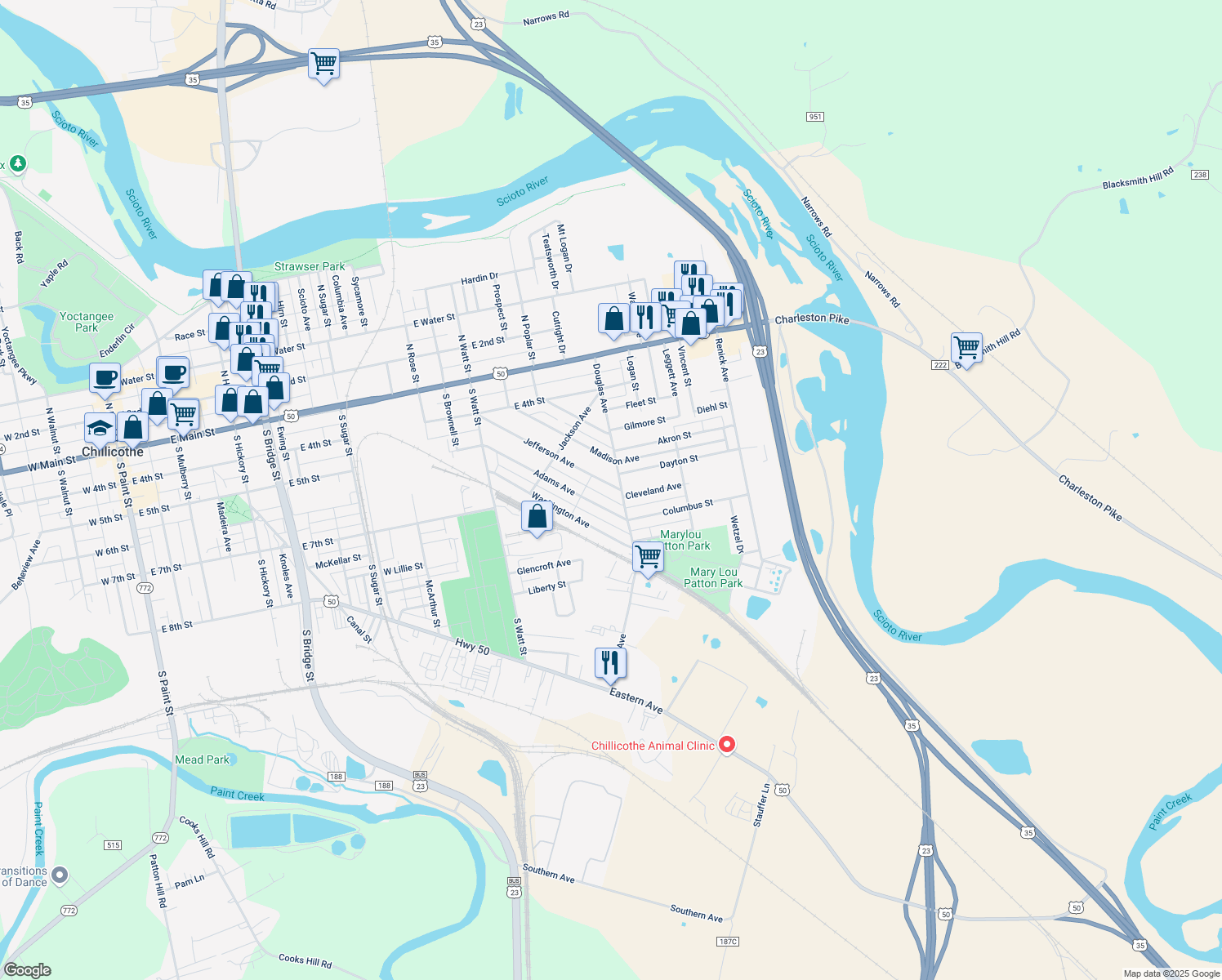 map of restaurants, bars, coffee shops, grocery stores, and more near 928 Jefferson Avenue in Chillicothe
