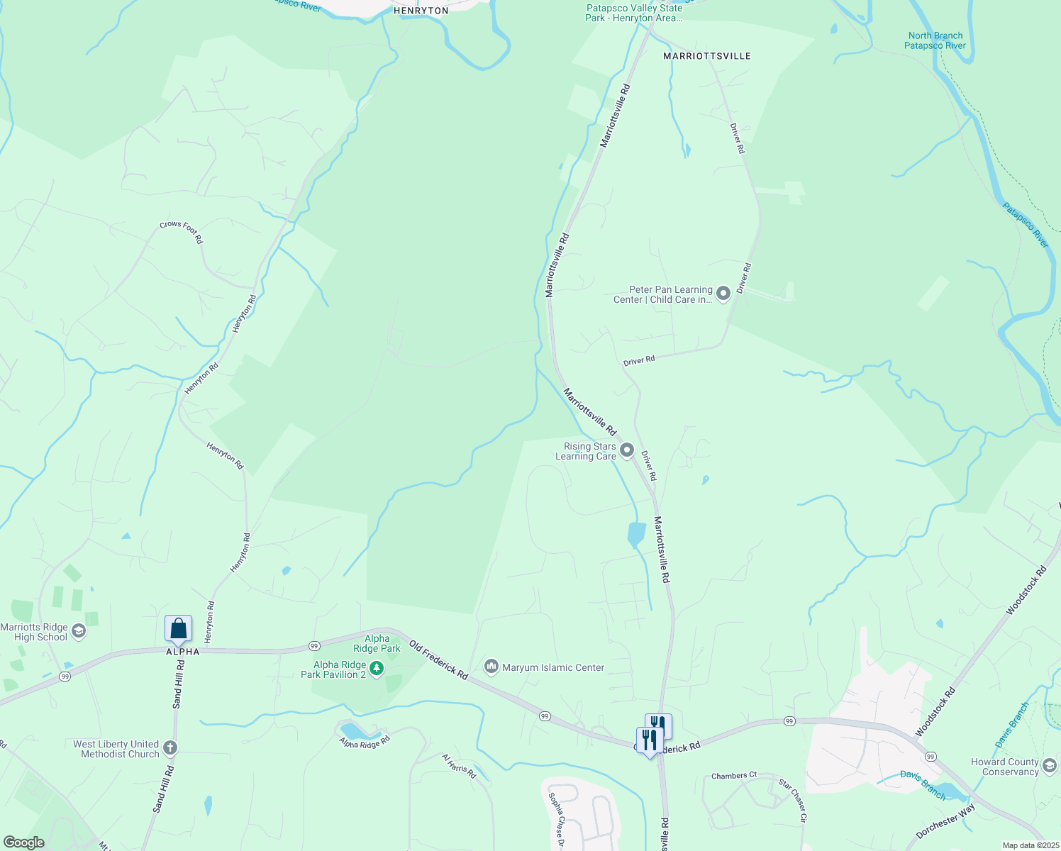 map of restaurants, bars, coffee shops, grocery stores, and more near in MARRIOTTSVL