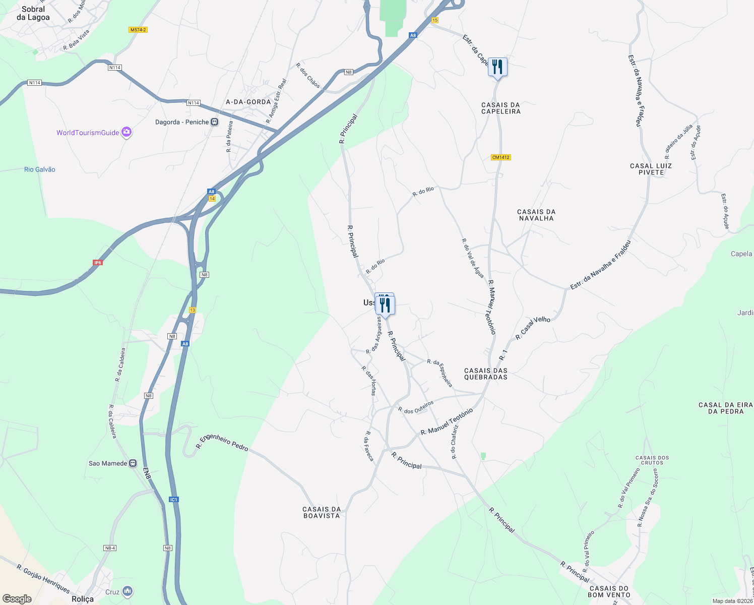 map of restaurants, bars, coffee shops, grocery stores, and more near in Óbidos