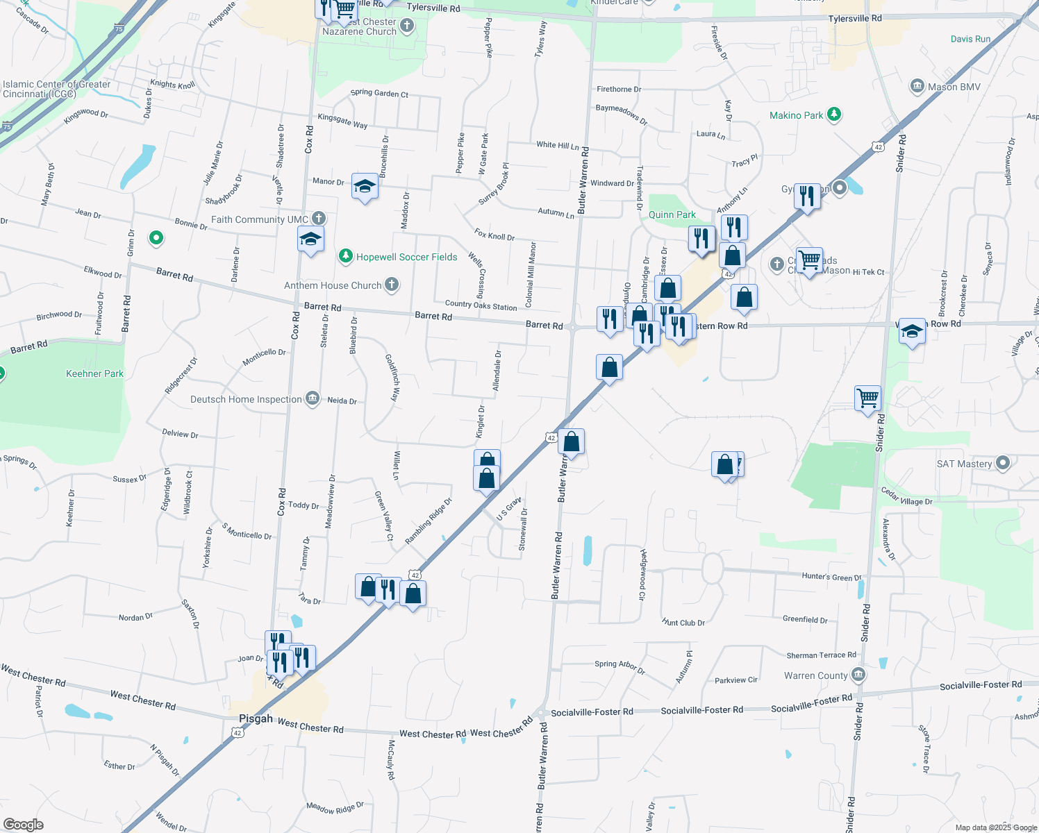 map of restaurants, bars, coffee shops, grocery stores, and more near 8599 Acredale Drive in Butler County