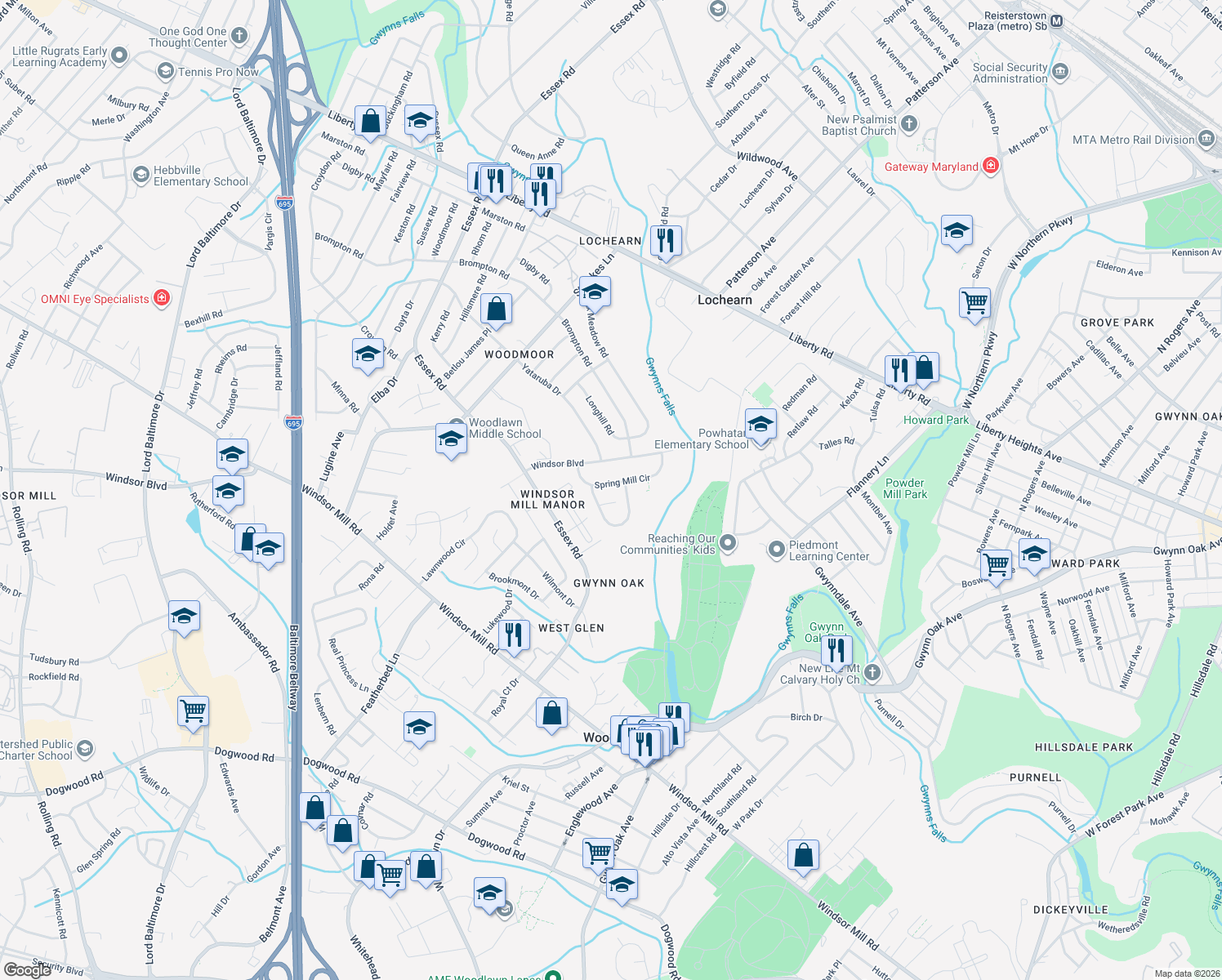 map of restaurants, bars, coffee shops, grocery stores, and more near 6623 Spring Mill Circle in Lochearn