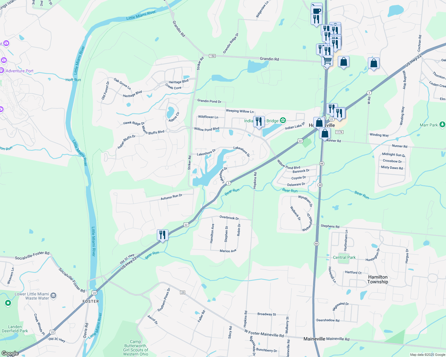 map of restaurants, bars, coffee shops, grocery stores, and more near 747 Yachtsman Cove in Maineville