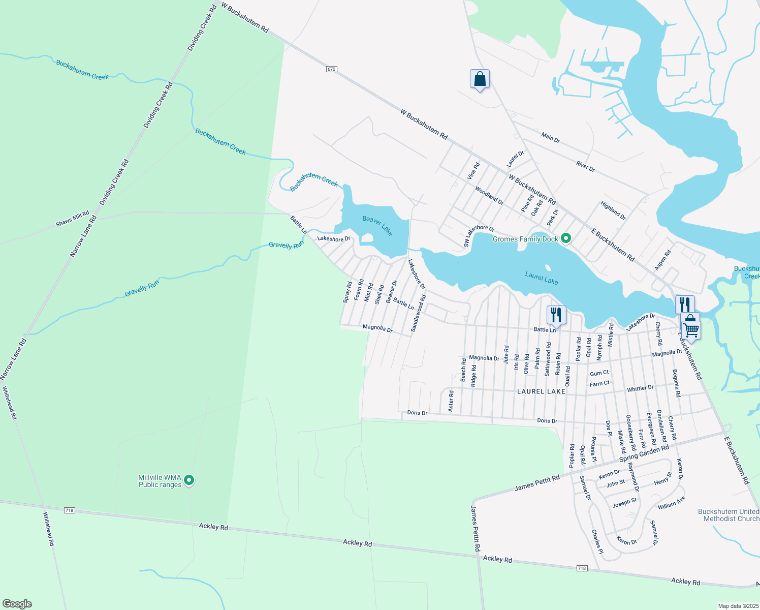 map of restaurants, bars, coffee shops, grocery stores, and more near 218 Shell Rd in Millville
