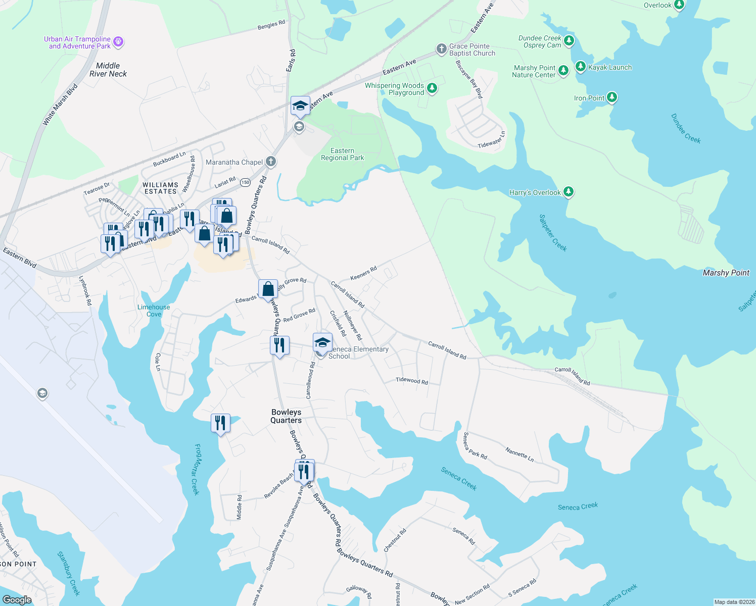 map of restaurants, bars, coffee shops, grocery stores, and more near 4023 Rustico Road in Middle River