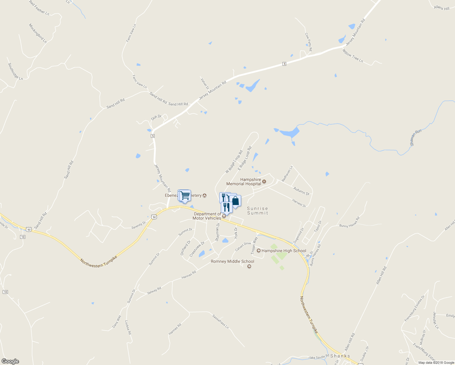 map of restaurants, bars, coffee shops, grocery stores, and more near 141 East Ridge Loop Road in Romney