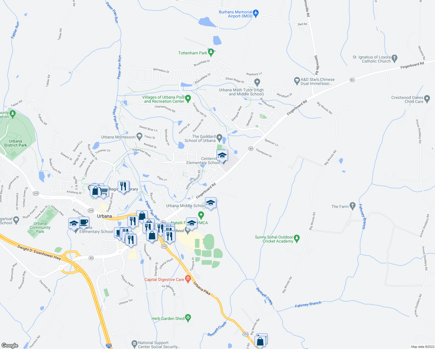 map of restaurants, bars, coffee shops, grocery stores, and more near 3575 Holborn Place in Frederick