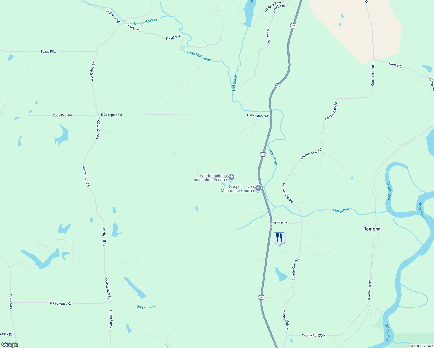 map of restaurants, bars, coffee shops, grocery stores, and more near 891 County Road 300 North in Spencer