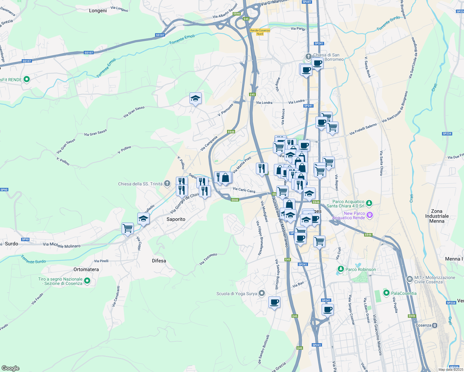 map of restaurants, bars, coffee shops, grocery stores, and more near 25 Via Carlo Carrà in Quattromiglia