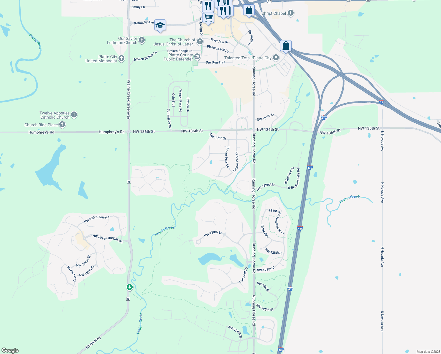 map of restaurants, bars, coffee shops, grocery stores, and more near 13390 Timber Park Drive in Platte City