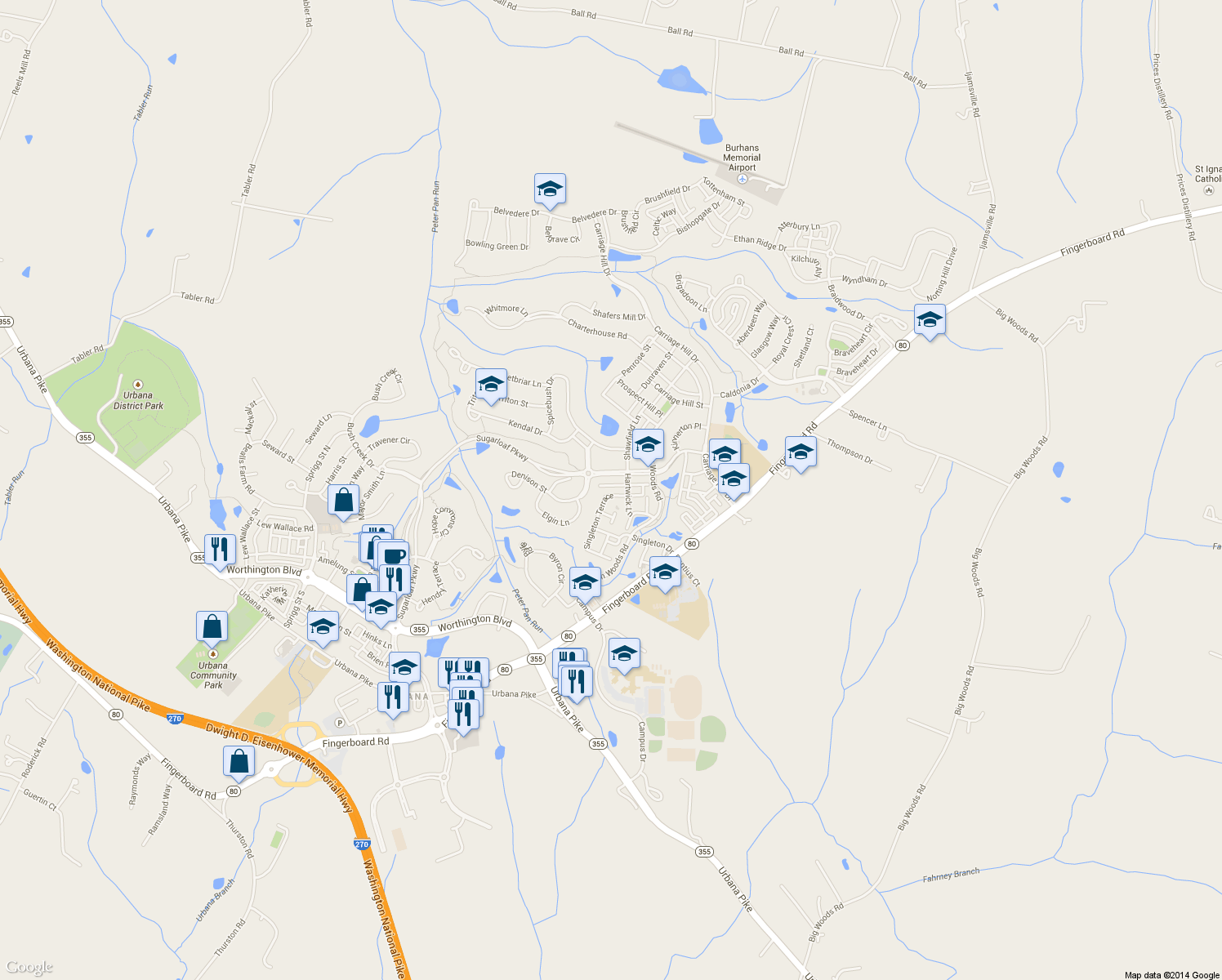 map of restaurants, bars, coffee shops, grocery stores, and more near 3706 Singleton Terrace in Frederick