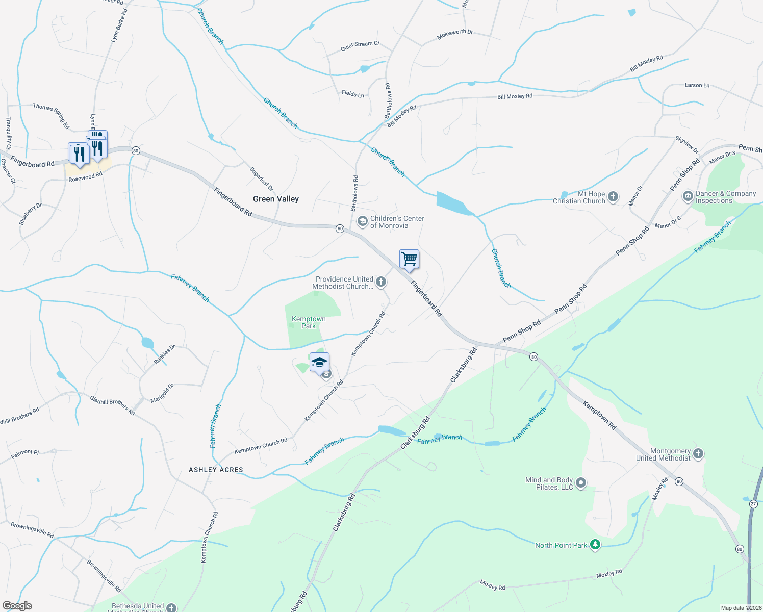 map of restaurants, bars, coffee shops, grocery stores, and more near 3624 Kemptown Church Road in Monrovia