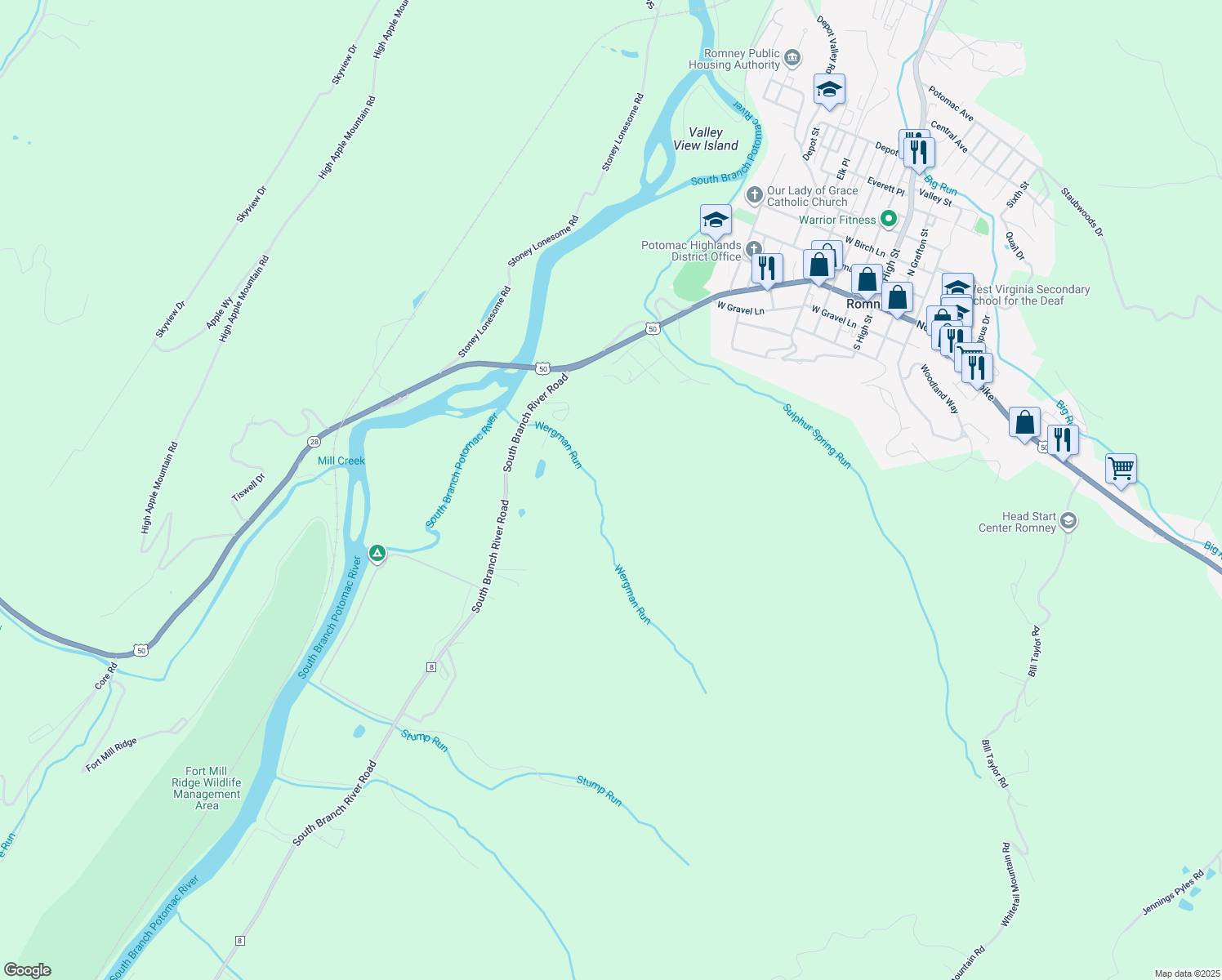 map of restaurants, bars, coffee shops, grocery stores, and more near in Three Churches