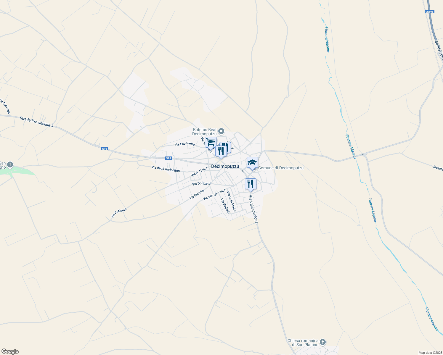 map of restaurants, bars, coffee shops, grocery stores, and more near 3A Via Giuseppe Verdi in Decimoputzu