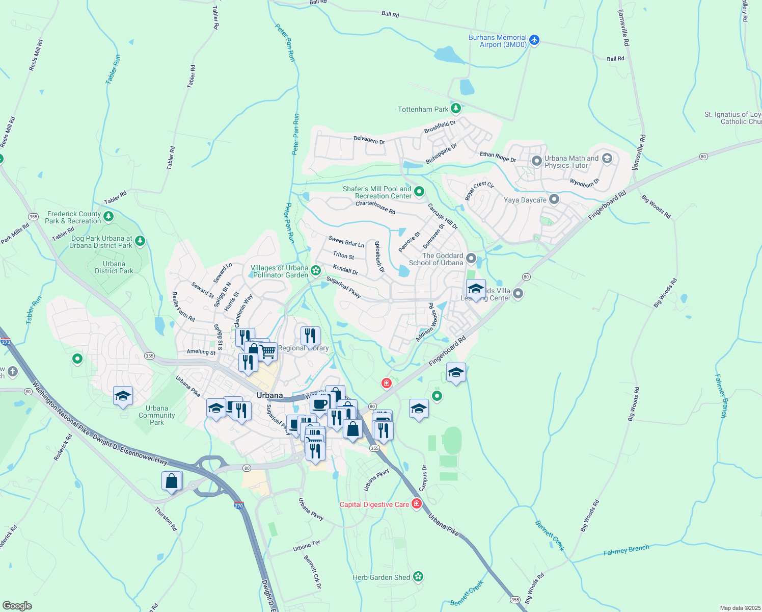 map of restaurants, bars, coffee shops, grocery stores, and more near 3620 Denison Street in Frederick