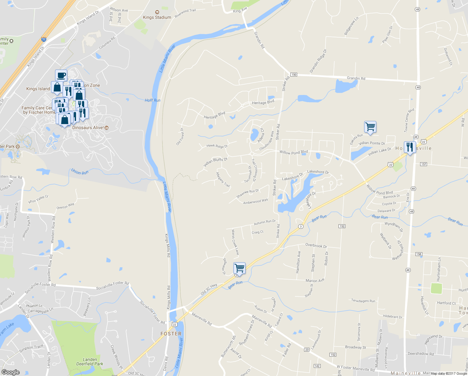 map of restaurants, bars, coffee shops, grocery stores, and more near 6960 Allegany Trail in Maineville
