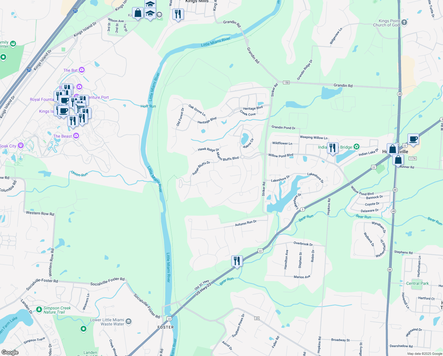 map of restaurants, bars, coffee shops, grocery stores, and more near 6850 Gray Wolf Drive in Maineville
