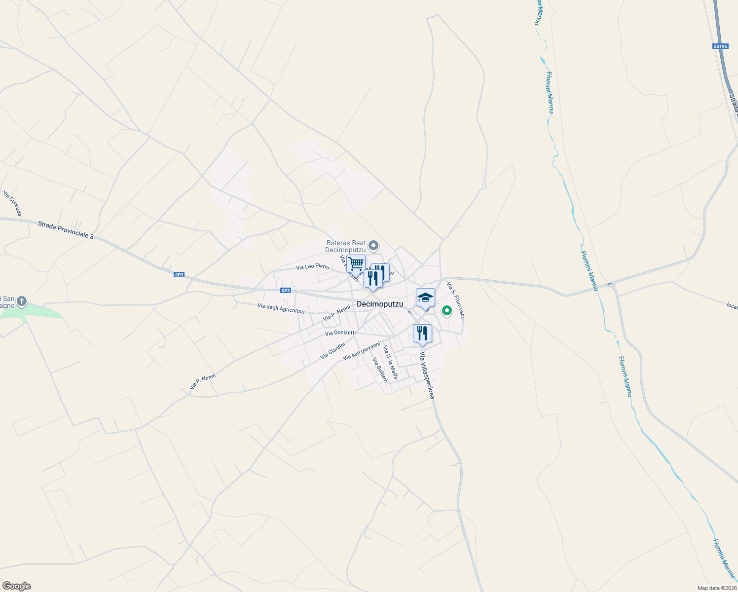 map of restaurants, bars, coffee shops, grocery stores, and more near 14 Via San Basilio in Decimoputzu