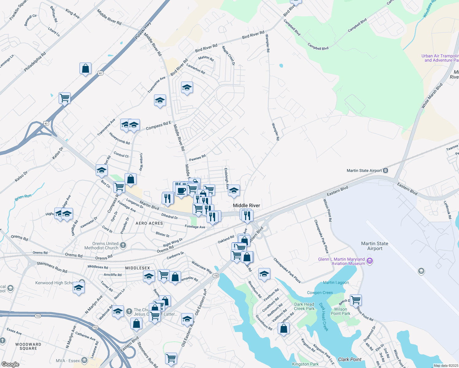 map of restaurants, bars, coffee shops, grocery stores, and more near 1554-1588 Dornton Avenue in Middle River