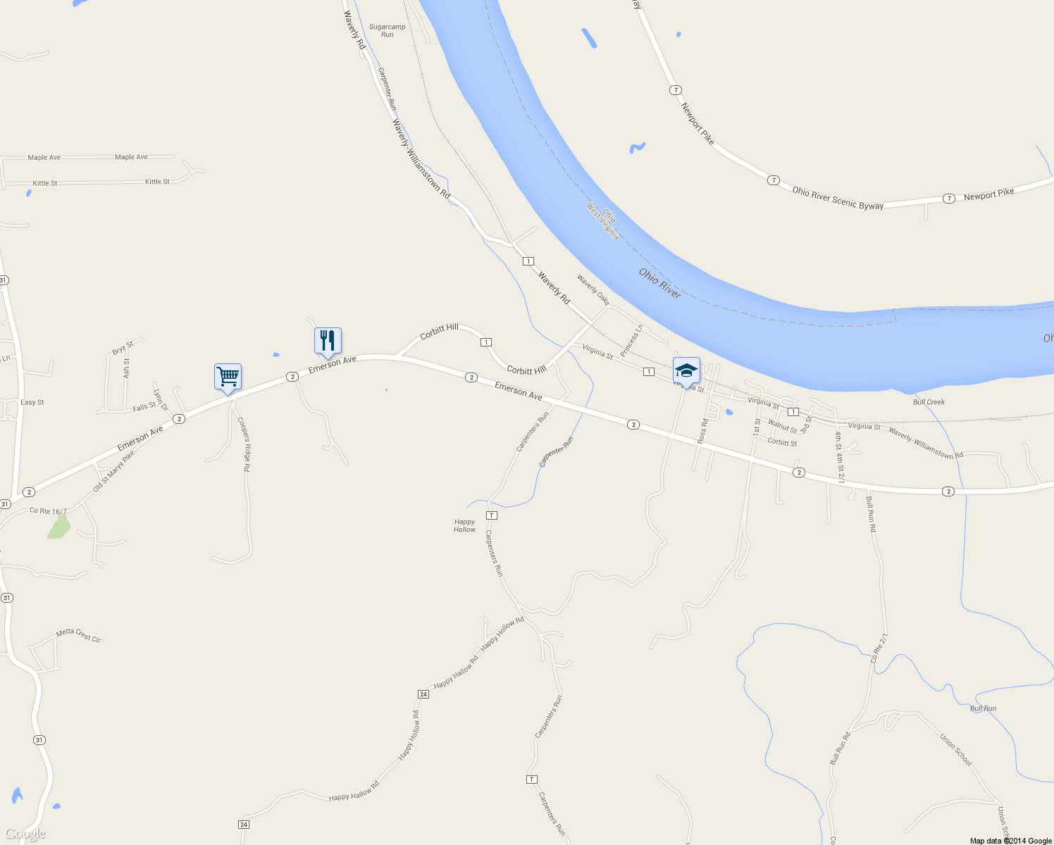 map of restaurants, bars, coffee shops, grocery stores, and more near 3167 Carpenter Run Road in Waverly