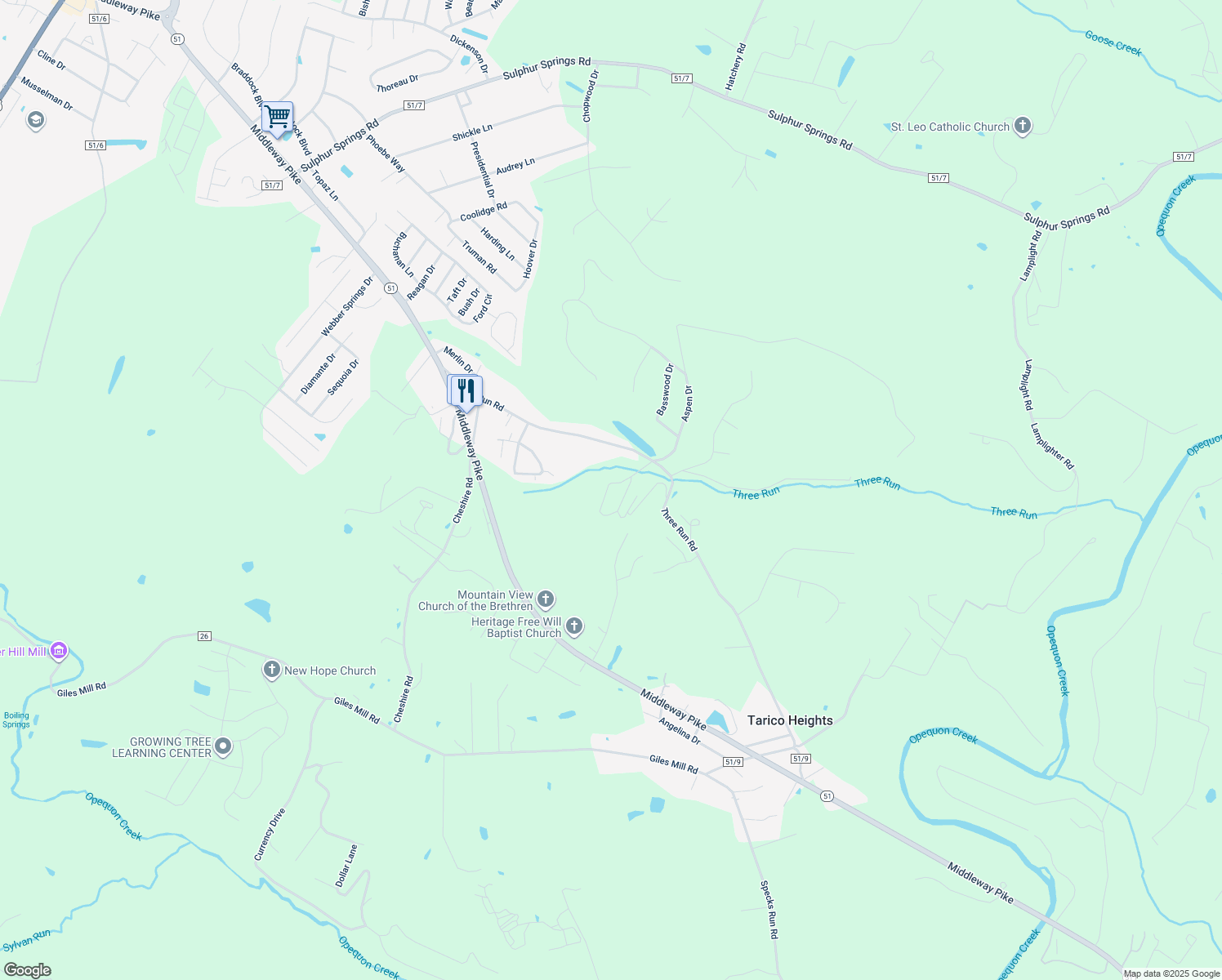 map of restaurants, bars, coffee shops, grocery stores, and more near 264 Aspen Drive in Bunker Hill